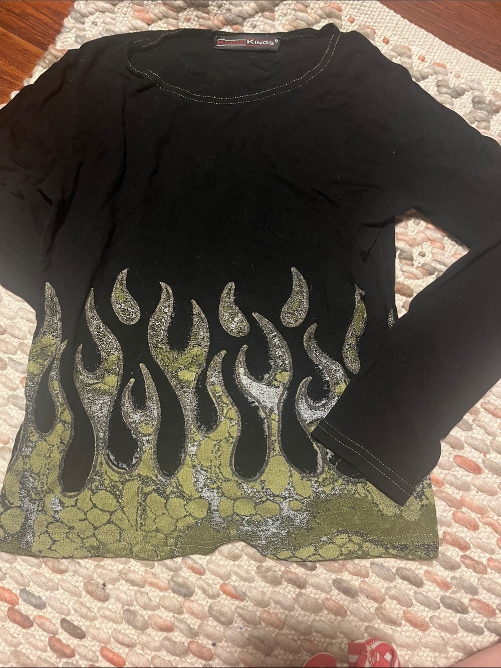 Rocawear Black Long-Sleeve Top with Green & Silver Flame Print